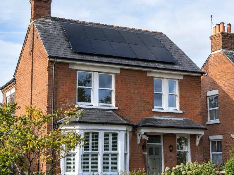 Solar panels on the slate roof of a Victorian red brick house