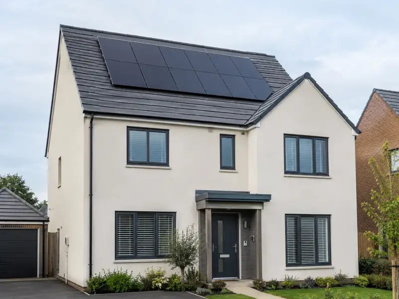 Solar panels on the roof of a modern detached house