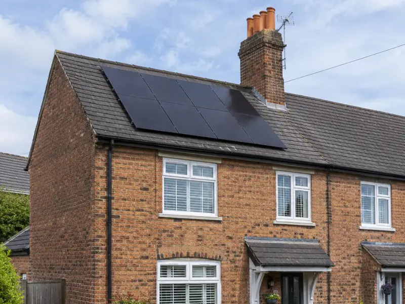Solar panels on the roof of a red brick end terrace